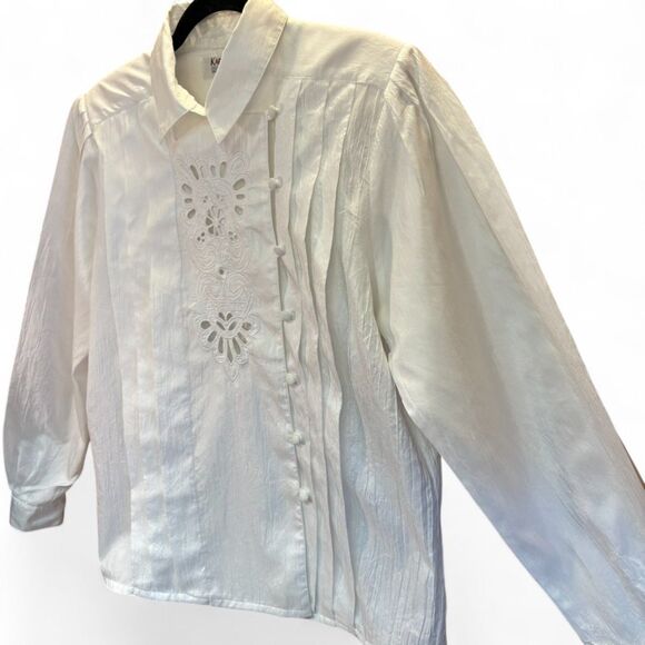 90s Vintage Lace Cutout Pintuck Blouse w/Asymmetrical Buttons size 14 - Picture 3 of 11